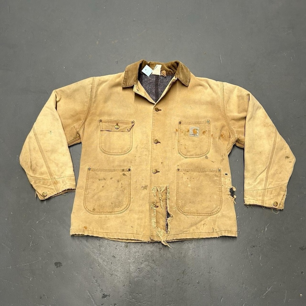 VTG Carhartt 6BLC Barn Jacket Natural Distress Chore Coat Blanket Lined Mens 44L